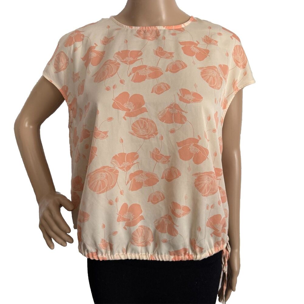 Worthington Sleeveless Blouse Petite Medium Cream Peach Floral Print Tie Waist
